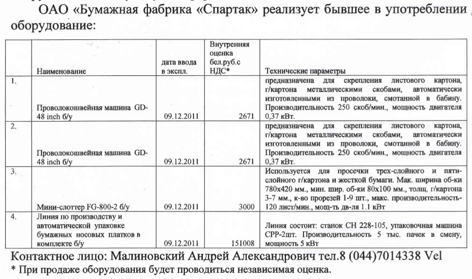 Продажа бывшего в употреблении оборудования